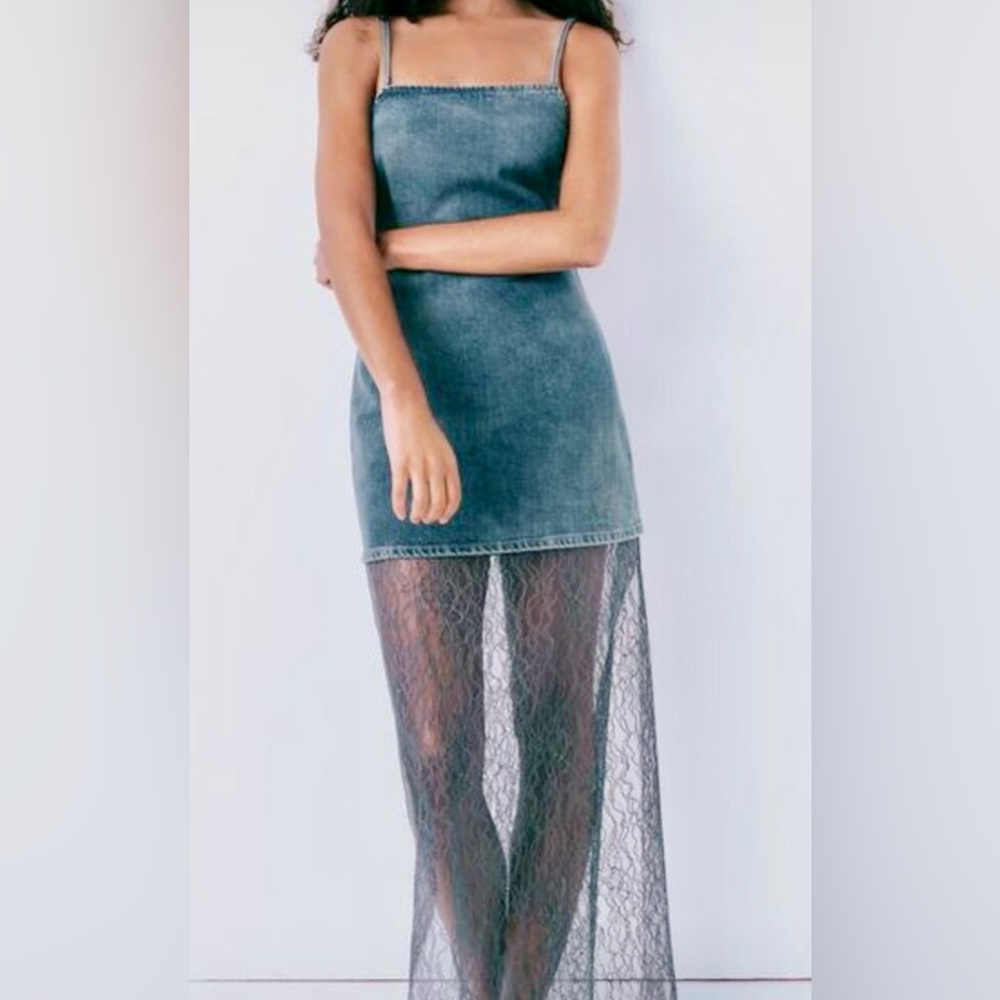 NWT Zara Long Contrast Lace Denim Midi Maxi Dress, size XSmall
